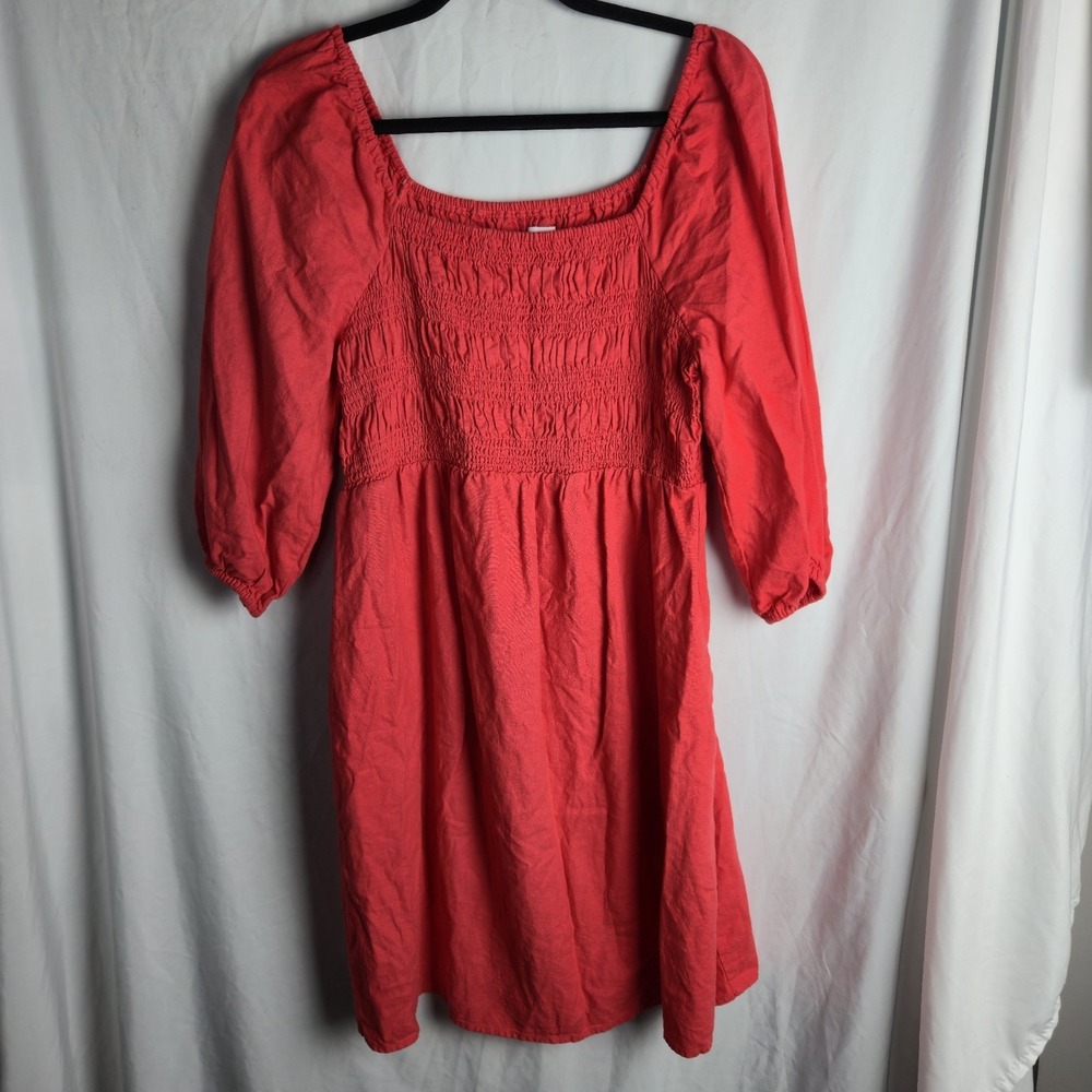 INGRID + ISABEL Smocked Linen Blend Midi Dress Puff Sleeve Medium Coral Coastal